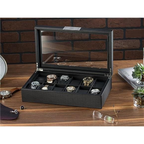 Watch Box for Men 12 Slot Luxurious & Masculine Carbon Fiber Textured Watch Case - Picture 2 of 5